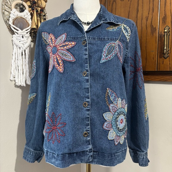 Alfred Dunner Jackets & Blazers - Floral Embroidered Button Denim Jean Jacket Size 8 Petite Cottage Vtg Y2K